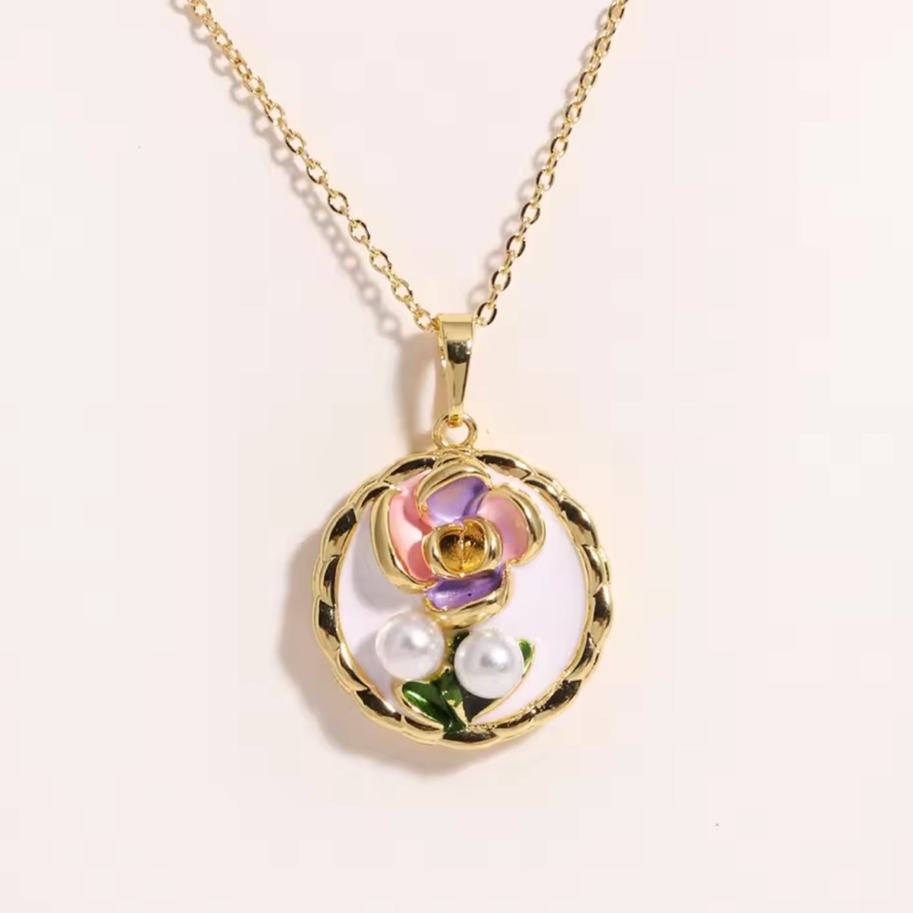 Pink, Purple and White Enamel Floral Pendant Necklace